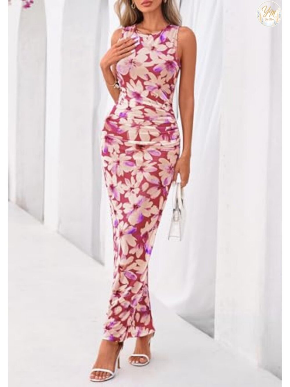 Sleeveless Ruched Bodycon Maxi Dress Women Formal Floral Mesh Long Dress - Picture 2 of 6